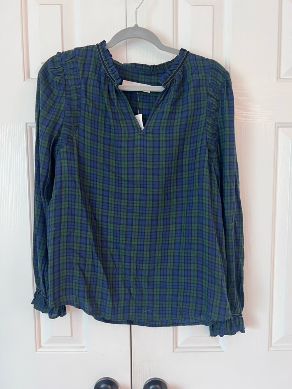 NWT Super Soft Plaid Long-Sleeve Peasant Top in Blue-Green
